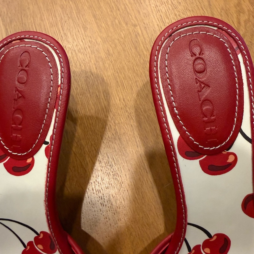 Coach Red and Cream Cherry Print Slide Sandals - Picture 3 of 6